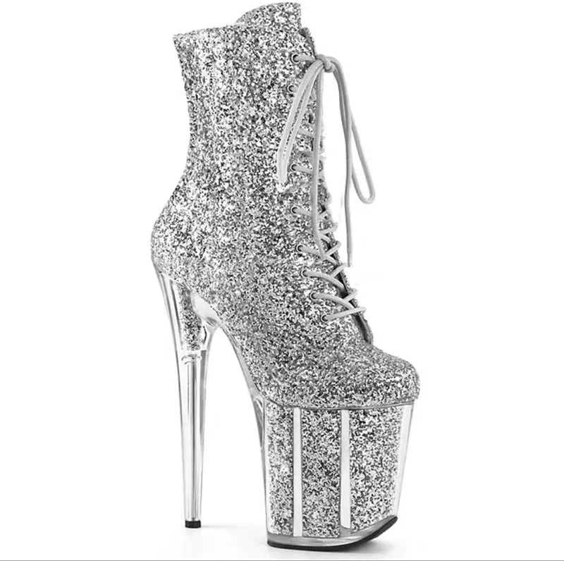 15cm Ultra High Heel Short Boots Waterproof Platform Thin Heel Glitter Strap Steel Pipe Dance Women's Boots Fashionable round...