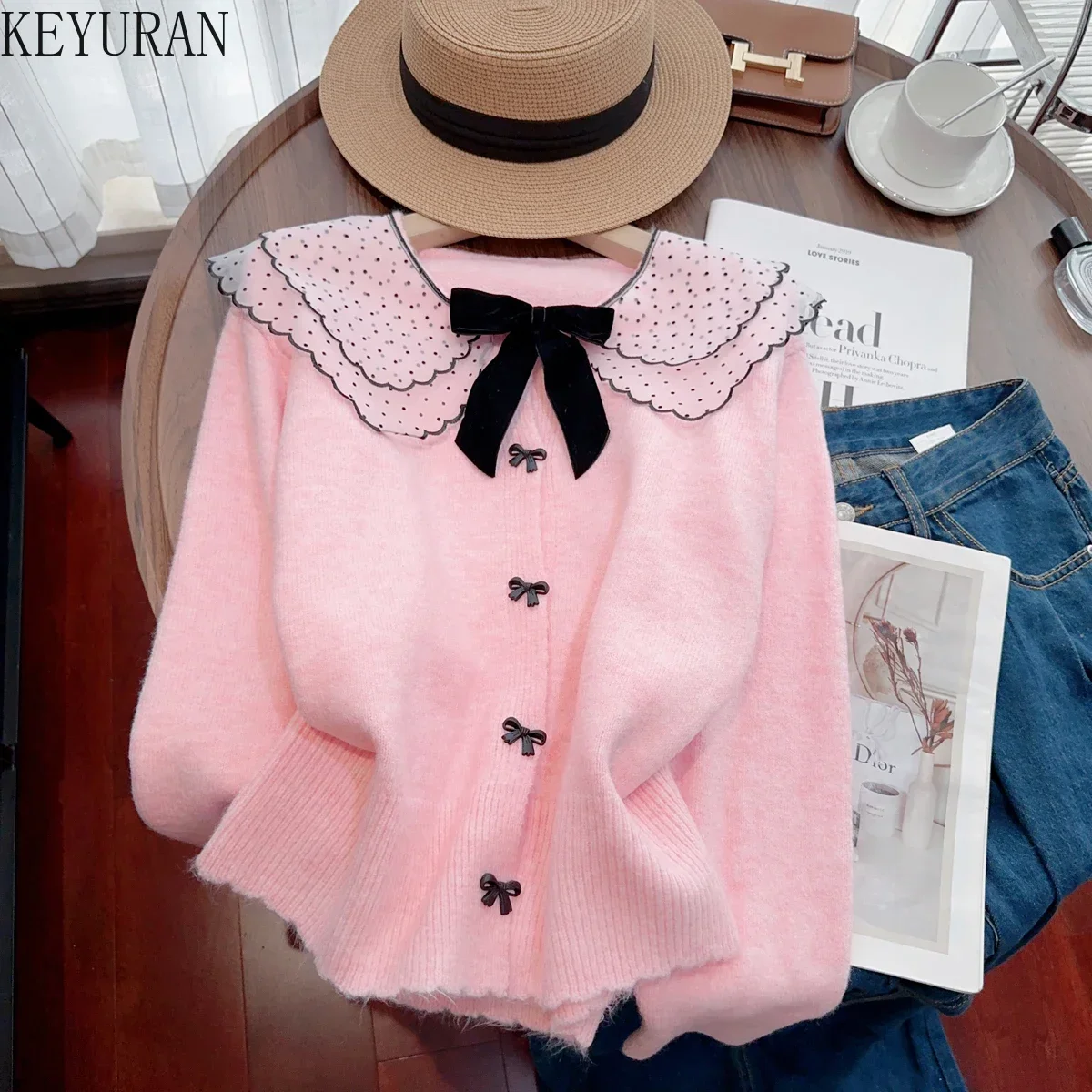 Sweet Bow Peter Pan Collar Sweater Coat Women 2024 Autumn Winter Korean Fashion Long Sleeve Knitted Cardigan Jacket Casual Tops