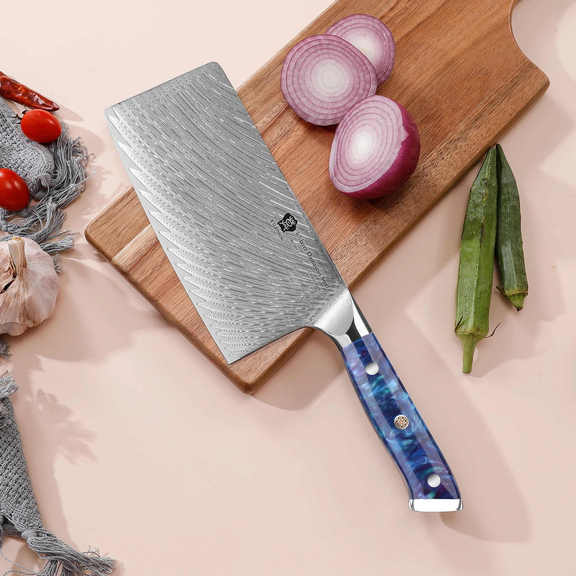 WILDMOK 7 Inch Heavy Duty Cleaver Knife, Japanese Damascus VG10 Steel Core with Resin Handle for Vegetable & Meat Cutting