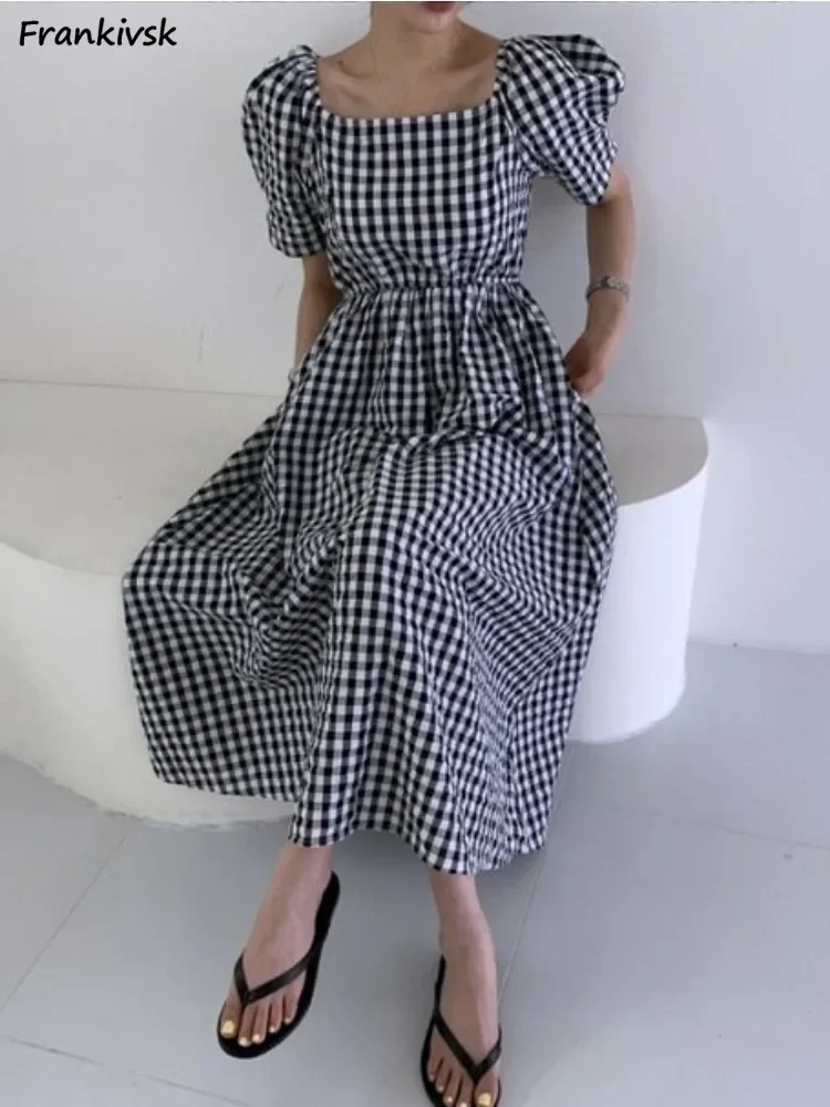 ชุดเดรสลายสก๊อตผู้หญิงสไตล์เกาหลีเก๋ฤดูร้อนวินเทจอารมณ์พัฟแขนหวานฮิปสเตอร์อ่อนเยาว์ยอดนิยมกลางน่องความงาม