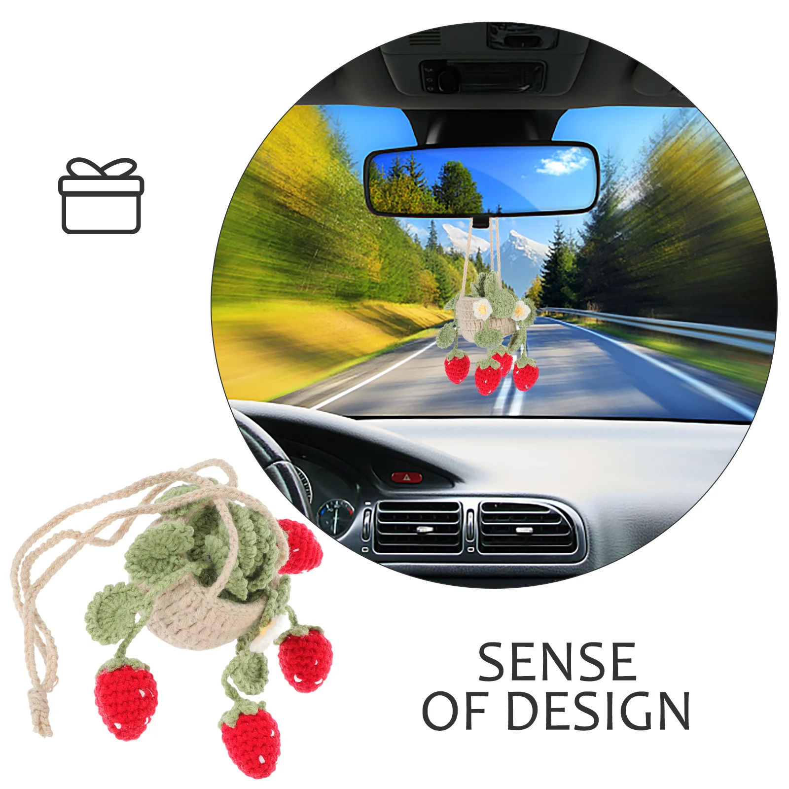 

Woven Strawberry Car Hanging Ornament Crochet Strawberry Pendant Rearview Mirror Charm Car Hanging Decor Interior Decoration