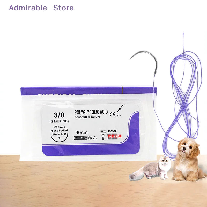 [W]1Pcs Absorbable Suture Thread Pet Dog Specific PGA 90CM With Needle 2-0 3-0 4-0 Teaching Demonstrations Exercises Use