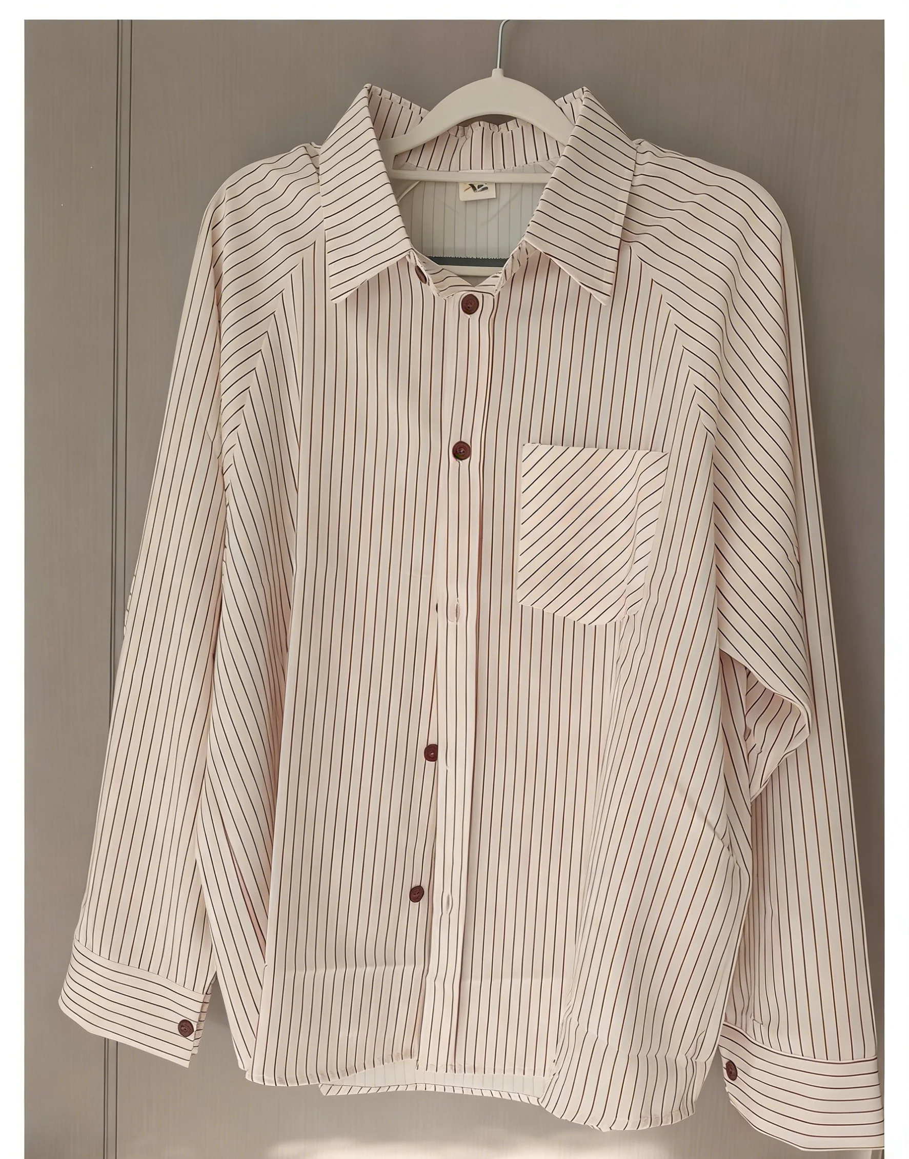 

Brown Striped Button Down Shirt for Women Turn-Down Collar Long Sleeve Chest Pocket Blouse Casual Office Daily Wear Top