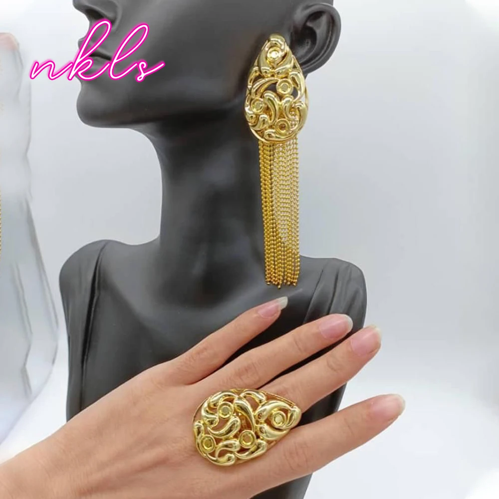 

Fashion Classic Tassel Earrings 18K Gold Color Jewelry Dubai Trendy Earrings Ring Set for Women Alloy Metal Jewelry Accessory