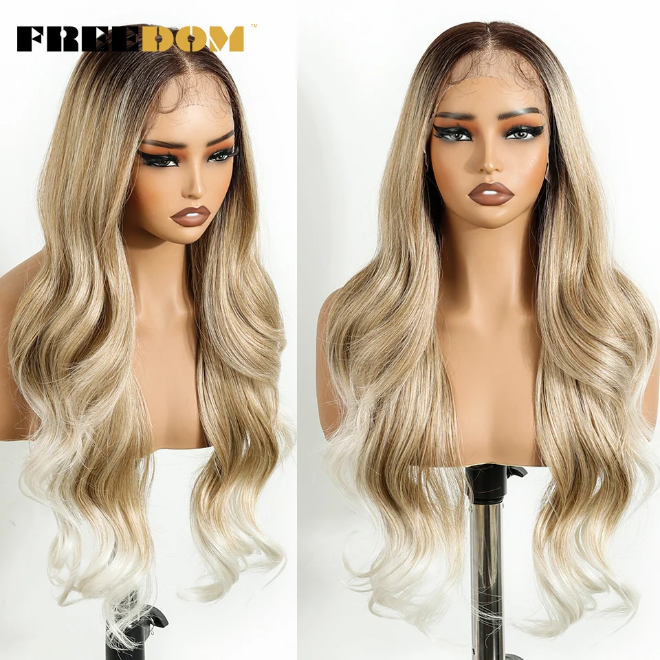 FREEDOM Synthetische Lace-Front-Perücken für Damen, 13x6, natürliche Wellenstruktur, 26 Zoll, Ombré-Braun-Blond mit Highlights, für den täglichen Gebrauch. – Detail 3