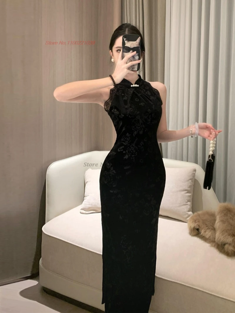 

Вечернее платье-ципао 2026 в винтажном восточном стиле, улучшенное, с традиционным тиснением, без рукавов, из бархата, для банкетов и ночных клубов