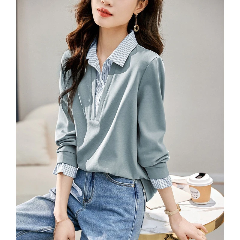 بلوفر نسائي بأكمام طويلة بياقة مقلوبة ، تيشيرت غير رسمي ، توبات مرقعة ، مخطط ، أزرار ، ألوان متباينة ، ملابس ربيعية وخريفية #1