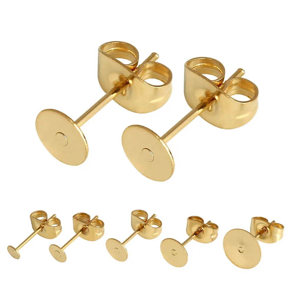 

50pcs Stainless Steel Earring Studs Diy Jewelry Accessories Flat Pad Posts Safety Plugs 4Mm Golden Lightweight Replacement For