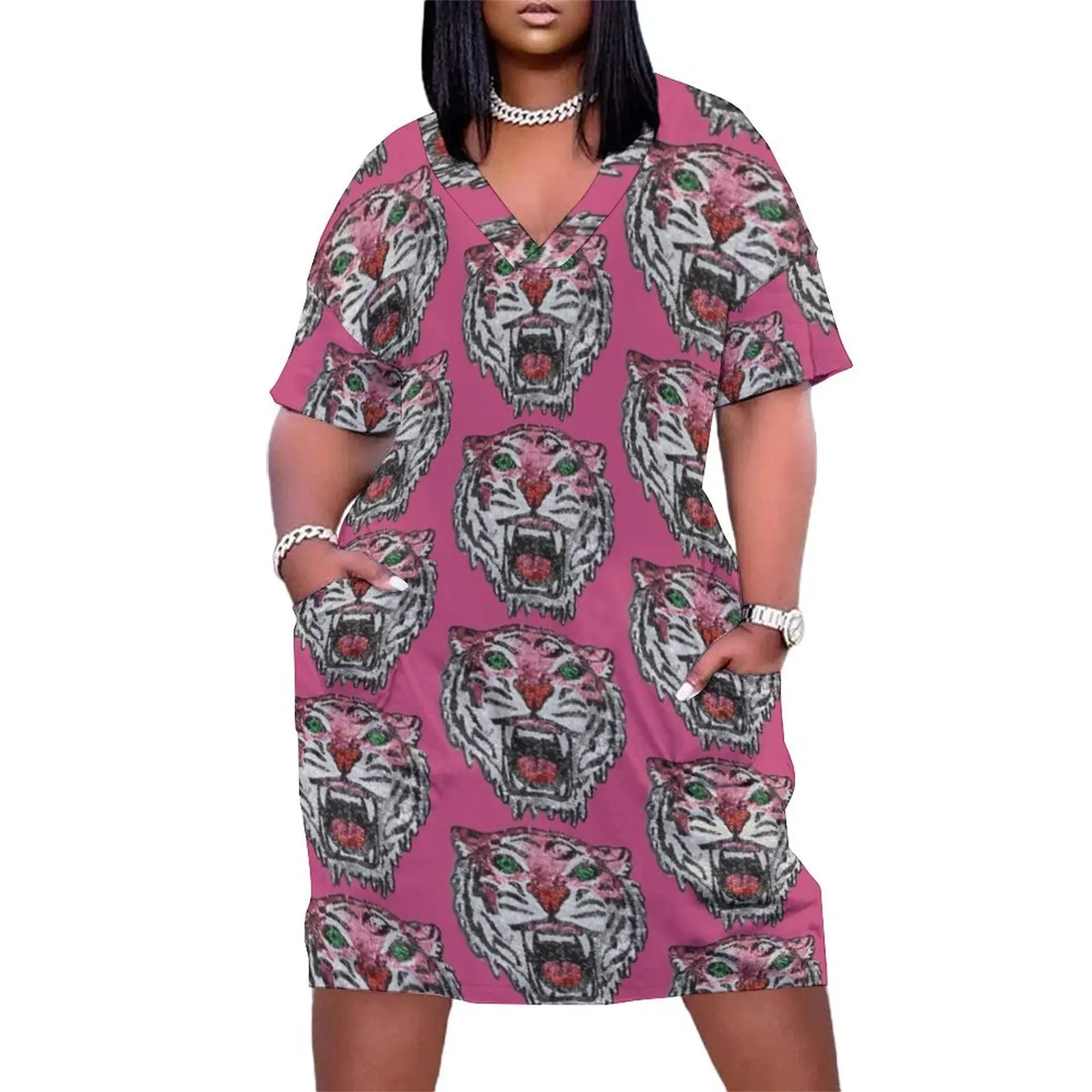 Sequin Tiger Head Loose Pocket Dress women