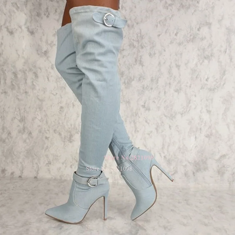 Light Blue Stiletto Heel Over The Knee Denim Boots Women Pleated Buckle Strap Pointed Toe Thin Heeled Thigh High Long Boot