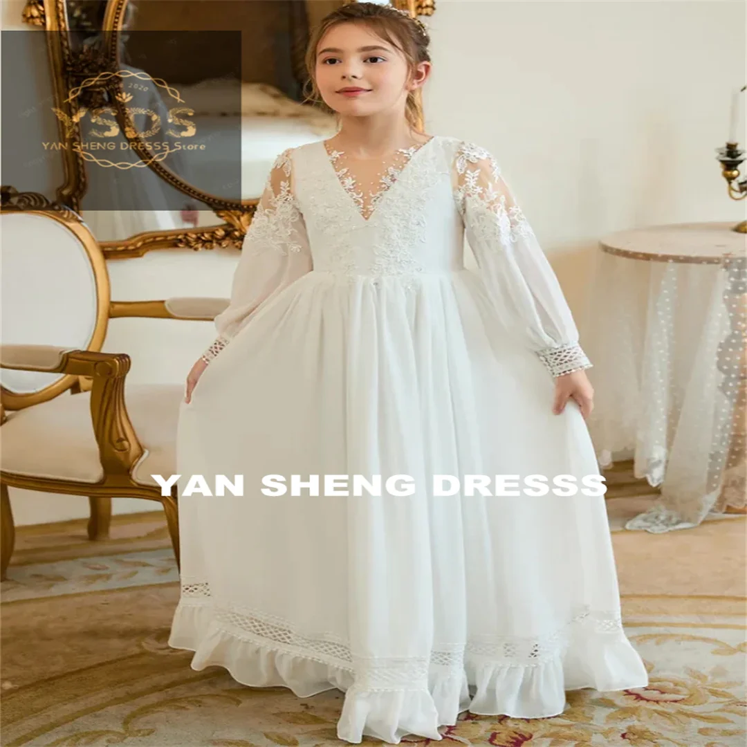 Customized Flower Girl Dresses White Tulle Lace Appliques With Bow Long Sleeve For Wedding Birthday Party First Communion Gowns