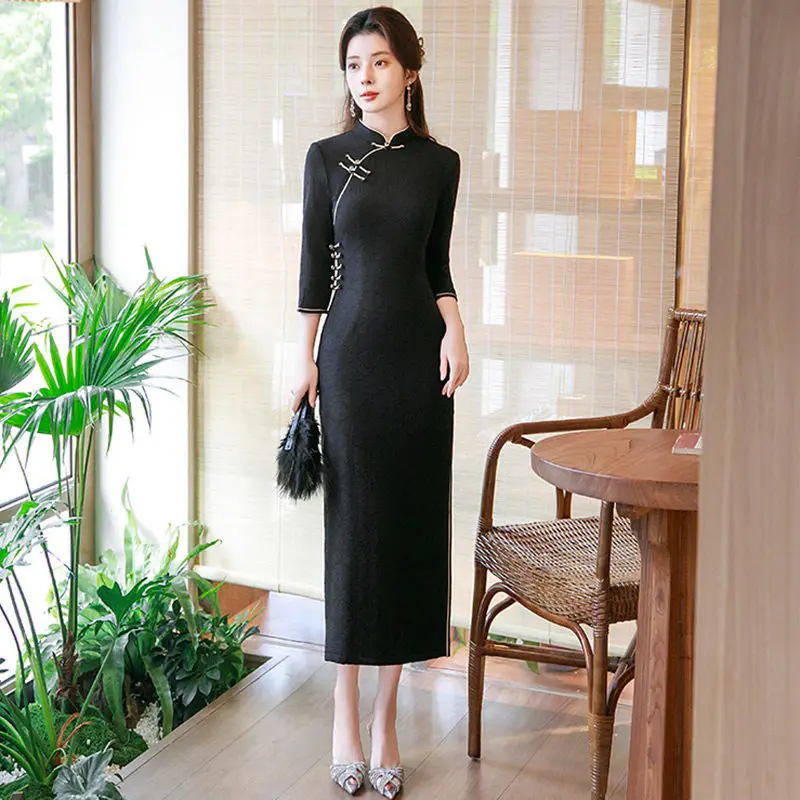 

Female Knitted Long Cheongsam Elegant Black Qipao Chinese New Year Traditional Mandarin Collar Dress