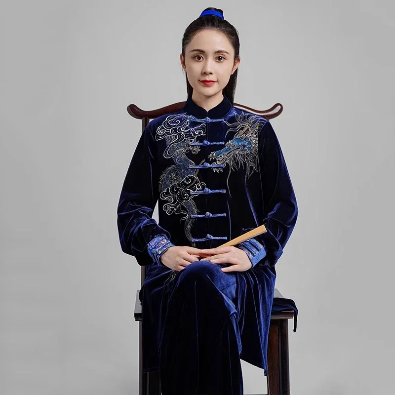 

Kun Master утолщенная бархатная униформа Тайчи, элегантный зимний костюм для боевых искусств, одежда для кунг-фу с вышивкой, тайцзи для женщин