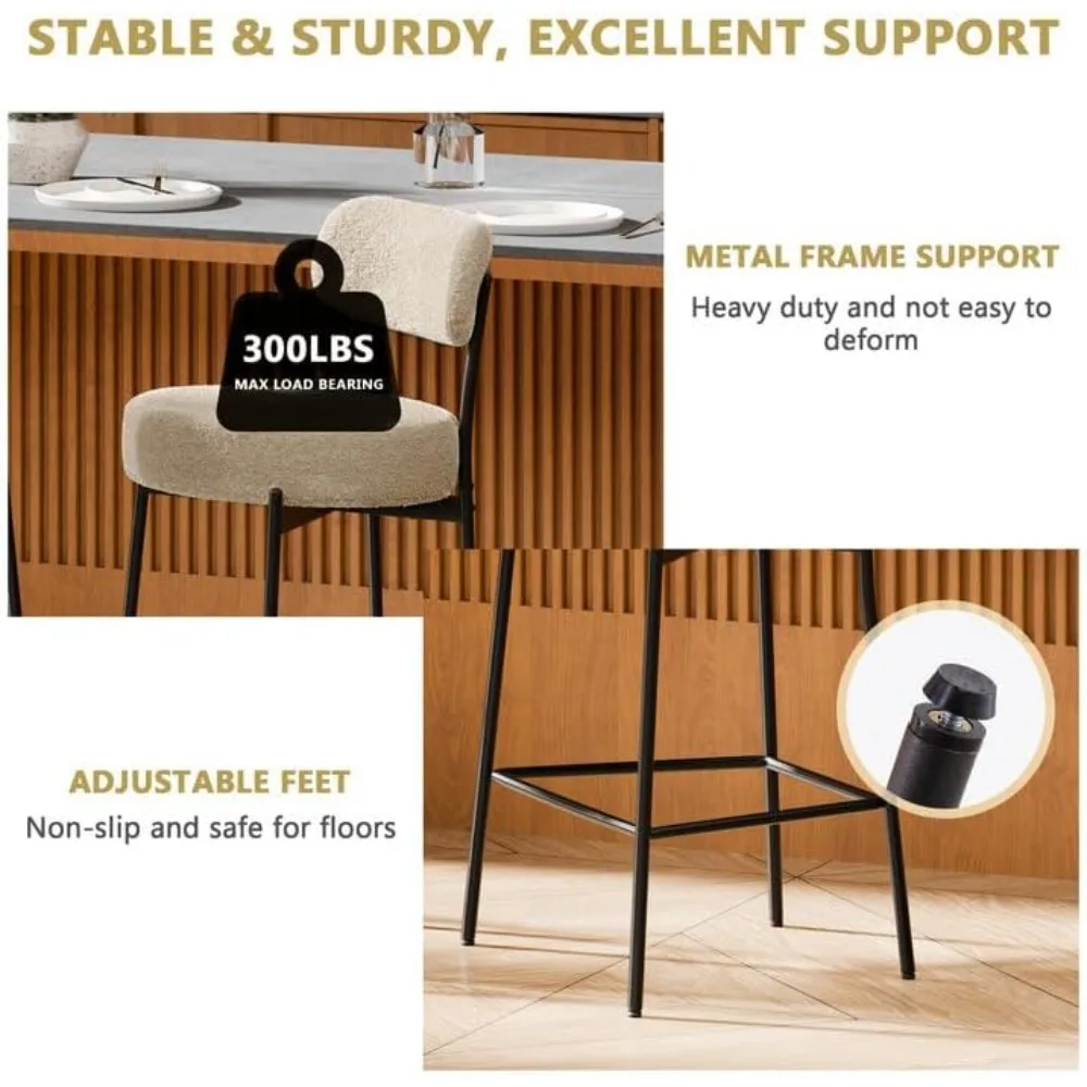 Set Kursi Bar 2 Buah, Kursi Bar Tinggi Model Modern 24 Inci dengan Sandaran Melengkung dan Kaki Logam, Pelapis Bouc Cokelat Muda