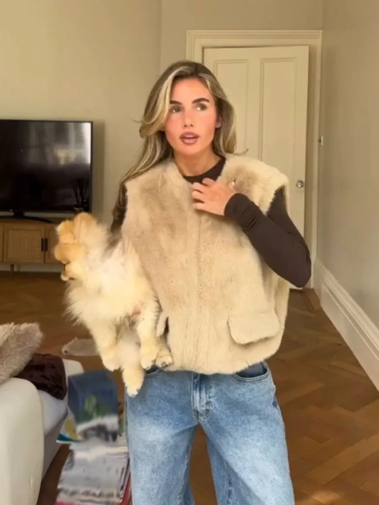 

HH Spring New Fashion Woman Vest Coat Solid O-Neck Sleeveless Pocket Decoration Zipper Female Casual Streetwear Style Vest