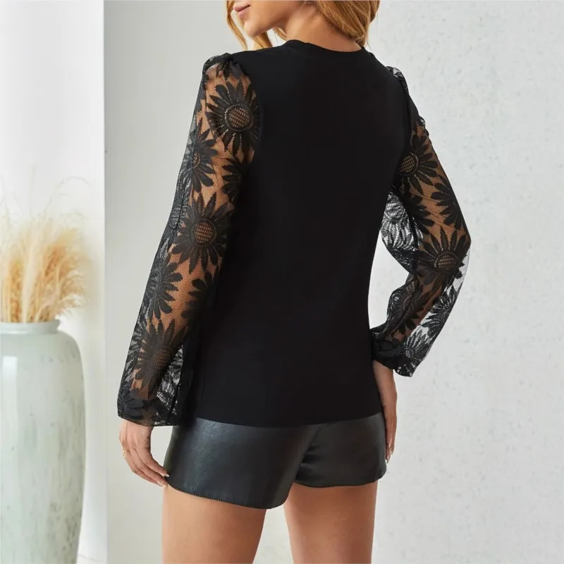 T Shirt Lace Patchwork Lantern Sleeve Women's Long-sleeved Top Slimming Versatile And Figure-hugging