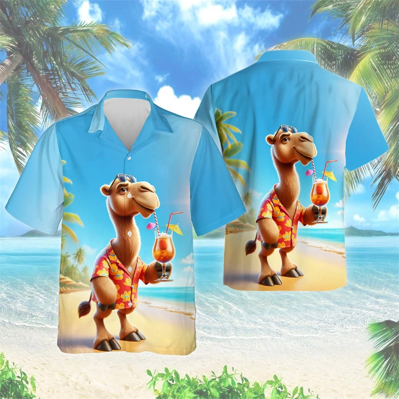 Camisa de playa con estampado 3D de camello divertido para hombres, camisas hawaianas informales, ropa Aloha Animal Lover, Blusa de manga corta con solapa para niño del desierto