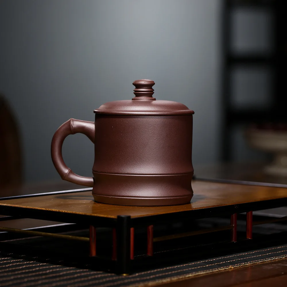 

New Chinese style purple clay cup with lid, large capacity office drinking cup, purple clay bamboo node hand-painted cup