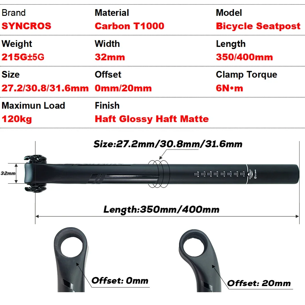 SYNCROS Carbon Seatpost Half Matte Half Gloss MTB/Road Bike Seat Post Length 350mm/400mm Bicycle Parts 27.2/30.8/31.6mm