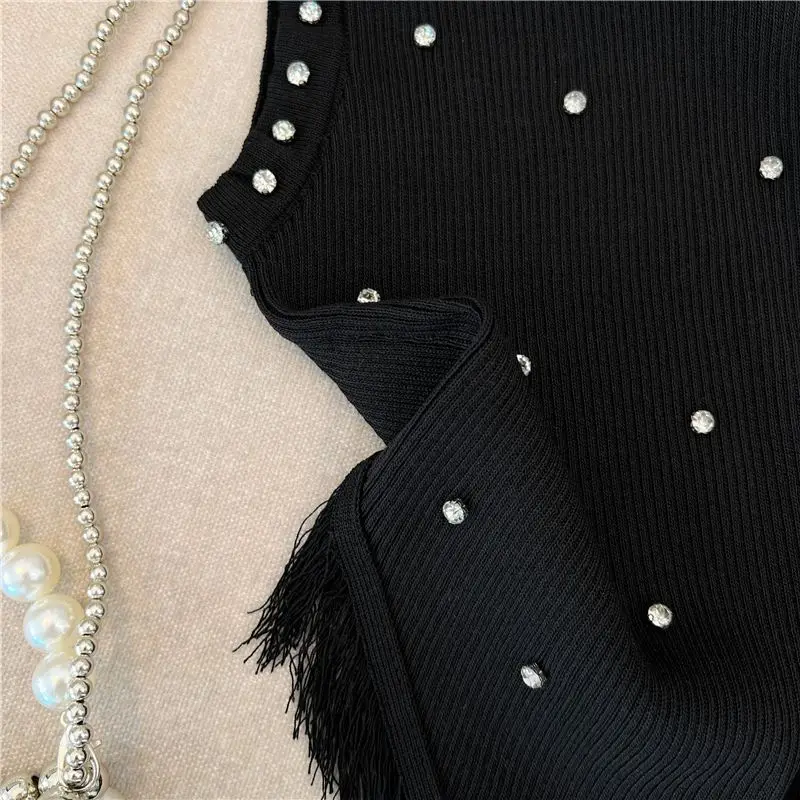 سترة نسائية مرصعة بالألماس بتصميم الربيع والصيف، بلوزة بدون أكمام بشرابة غير منتظمة متعددة الاستخدامات للملابس الخارجية