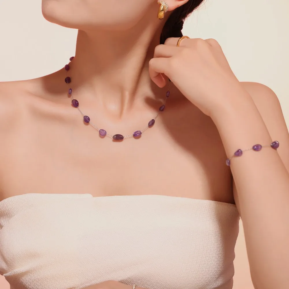 Women's Irregular Purple Natural Stone Necklace Bracelet Set