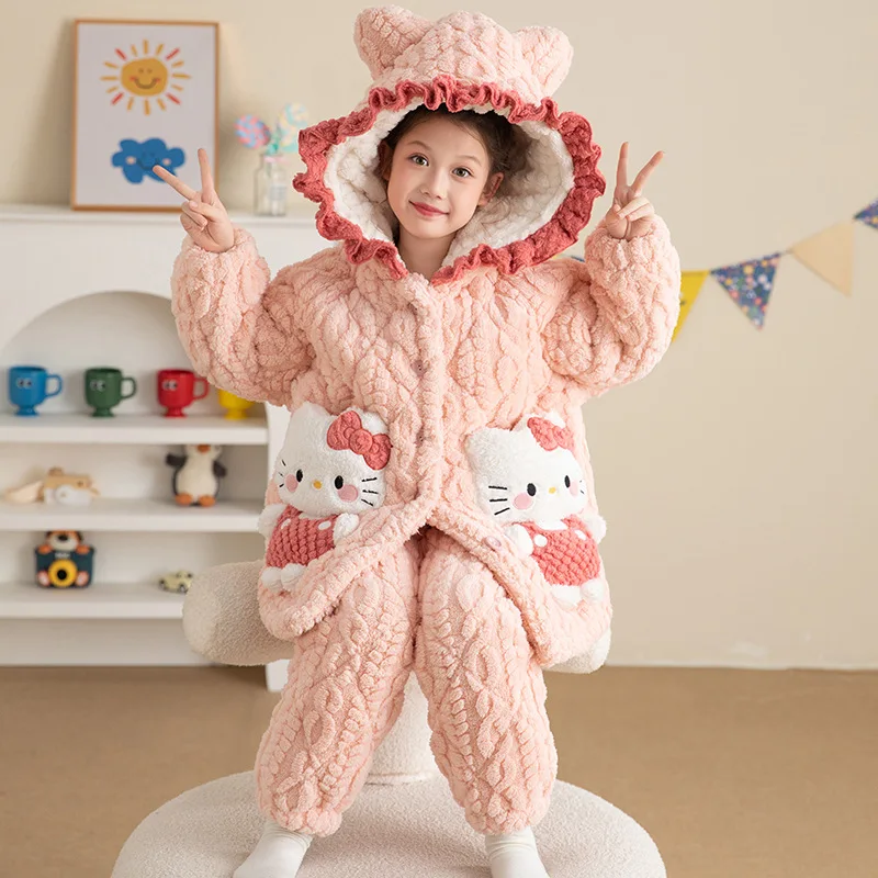 Cinnamoroll New Girl Pajamas Autumn Winter Anime Sanrios Coral Fleece Third Floor Quilted Child Girl Thicken Lounge Clothes