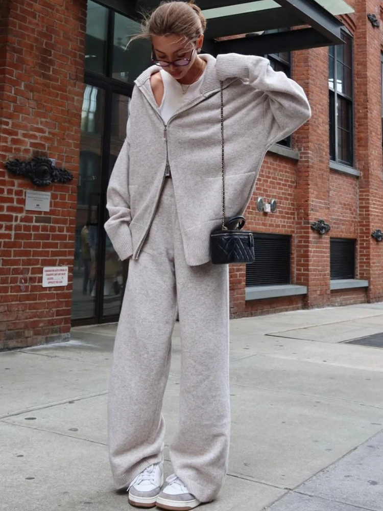 Tossy Casual Knitwear Sweater 2 Piece-Set Leg Trousers Women Solid Loose Zipper Cardigan And Wide-Leg Pants Knitwear Pant Sets