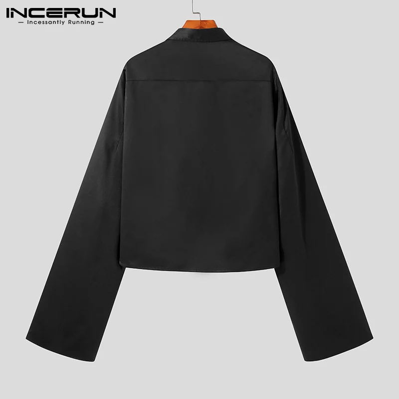 Stylish Well Fitting Tops INCERUN Handsome Mens Solid All-match Simple Blouse Casual Streetwear Flared Long-sleeved Shirts S-5XL