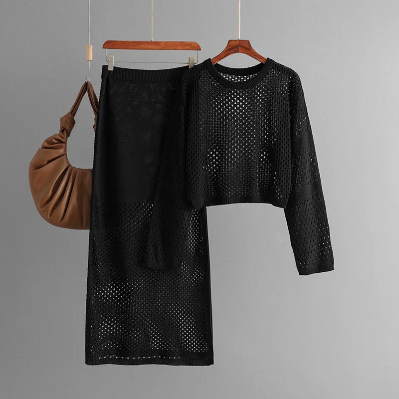 MooQ-Ensemble pull à manches longues et jupe taille haute pour femme, design creux en maille, beaux vêtements décontractés pour femme, automne 2025, GZ16, 2 pièces