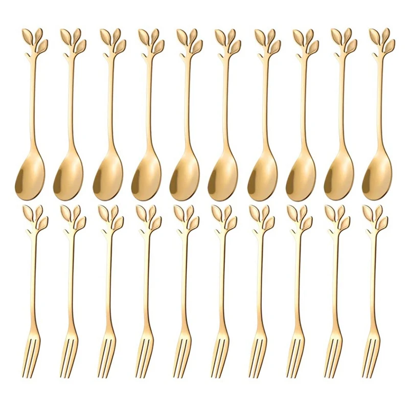 Dessert Spoon Fork Set,20 Pcs 4.7 Inch Cake Fork,Coffee Spoon,Creative Leaf Fruit Fork,(10 Spoon + 10 Fork)