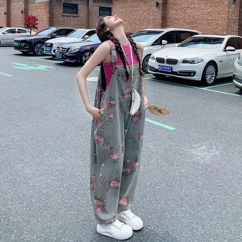 Damesmode Retro bedrukt denim slabbetje Dames zomer nieuw ontwerp gevoel leeftijdverminderende losse en comfortabele wijde pijpen broek