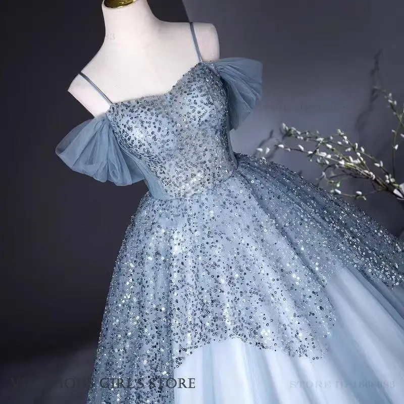 

Female Qipao Chongsam Sparkling Sequin Off Shoulder Evening Party Dress Temperament Tulle Performance Art Exam Dress Vestidos