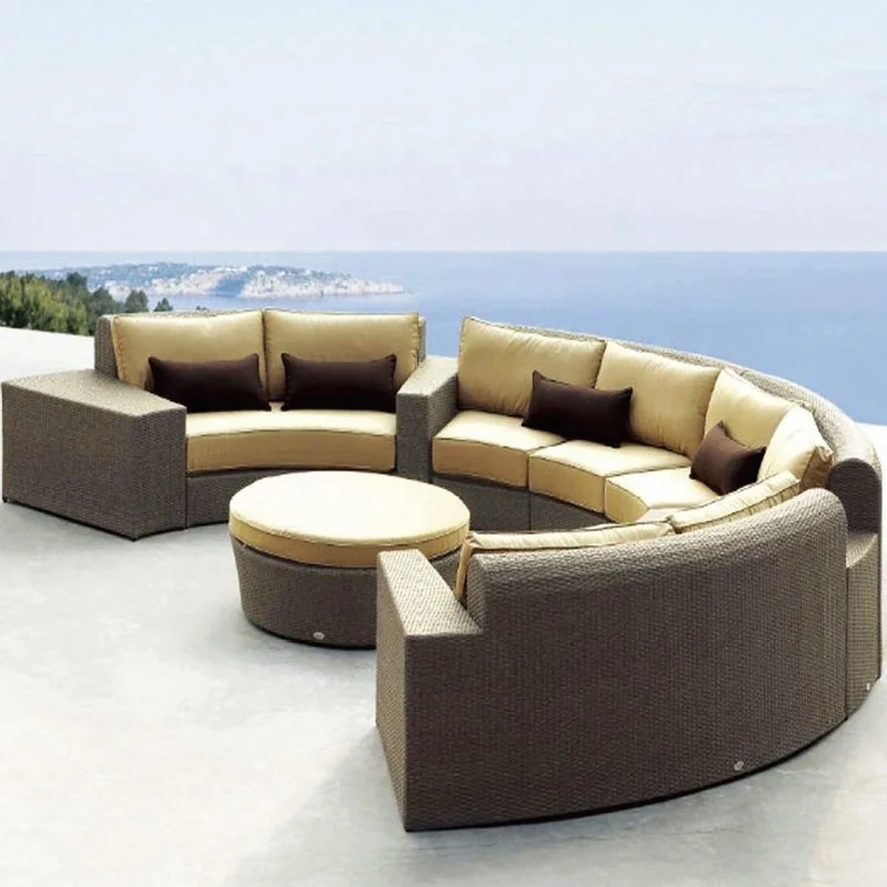 Modern Outdoor Resin Rattan Wicker Circular Daybed Coffee Table Sectional Sofa Set