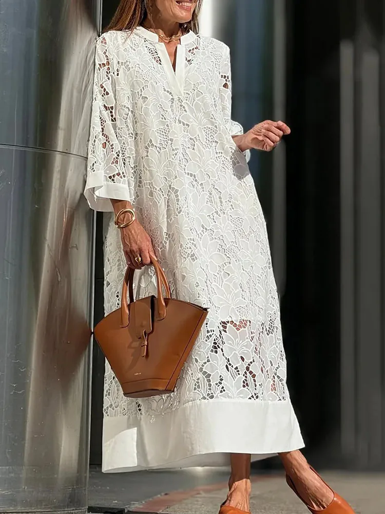 

GELITAYIN Fashion Embroidery Lace Loose White Dress Women 2025 Summer V Neck Hollow Long Dress Casual Elegant Chic Streetwear Be