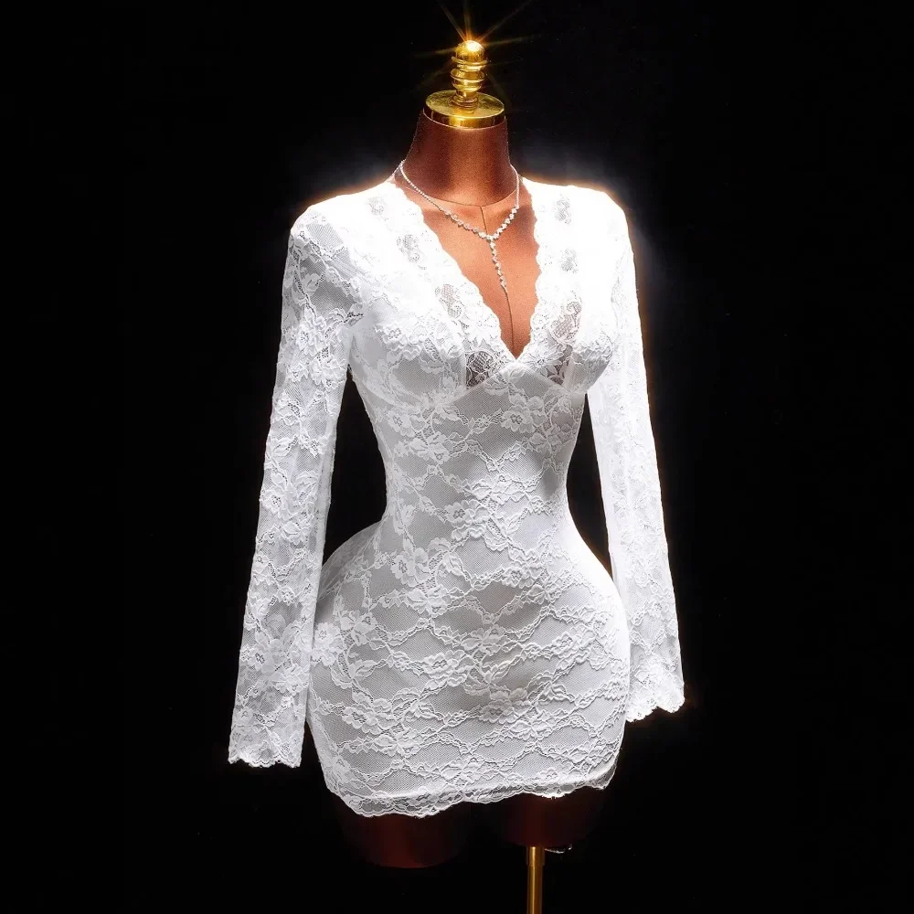 Women Elegant Deep V Lace Bodycon Midi Dress 2026 New, Long Sleeve Slim Dress For Spring Autumn Wedding Guest
