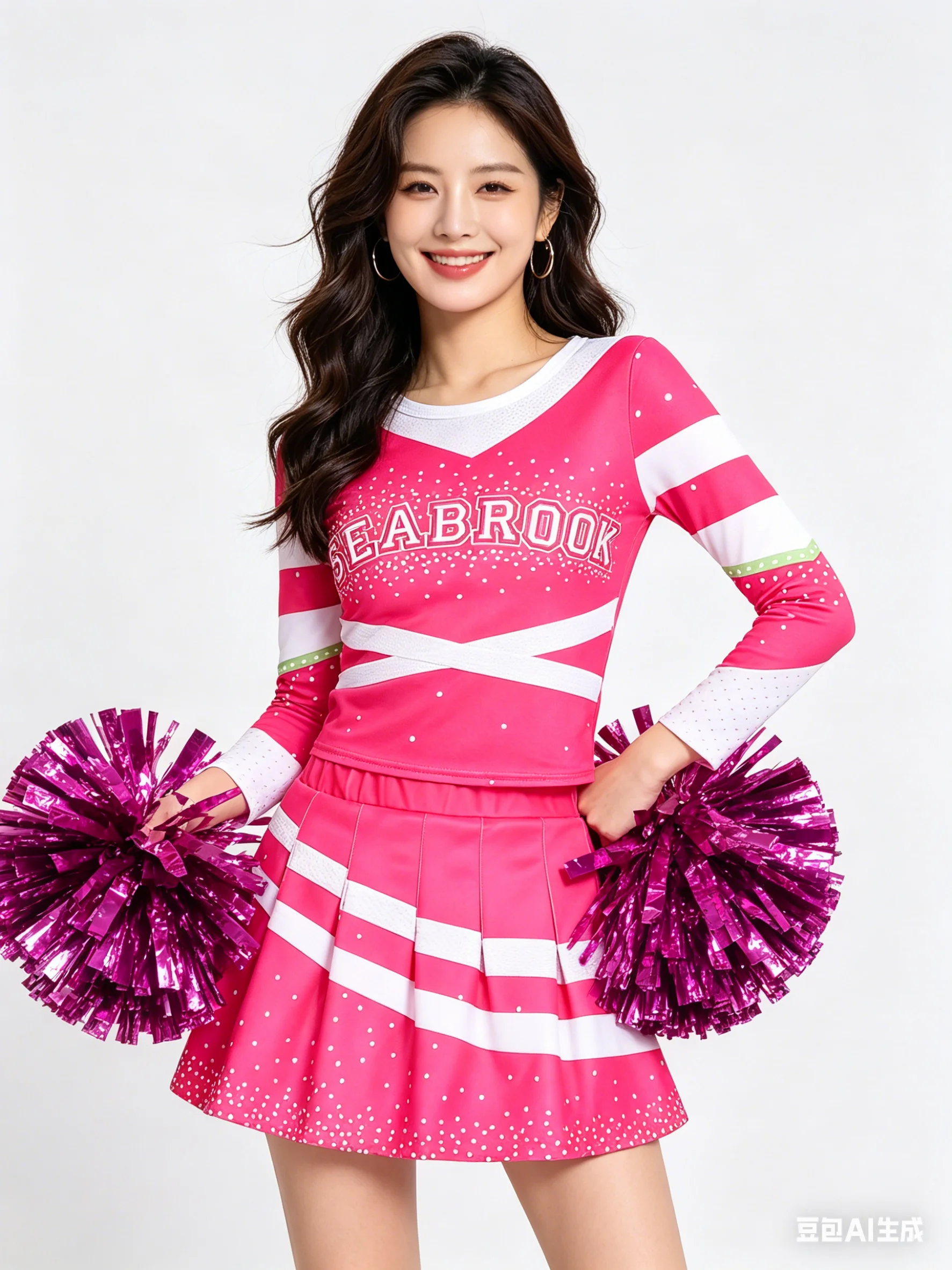 Ladies Long Sleeve Cheerleading Party Set in Vibrant Pink with Hand Flowers for Festive Performances