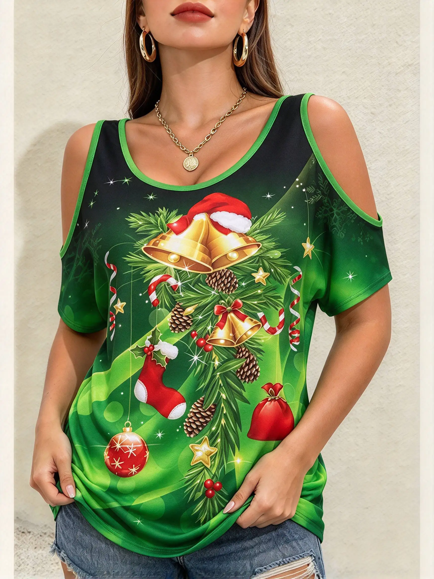 Fashion Christmas Party Women Cold Shoulder T-shirts Casual O-neck Loose Short Sleeve Tees X'mas New Year Tops Female Clothing
