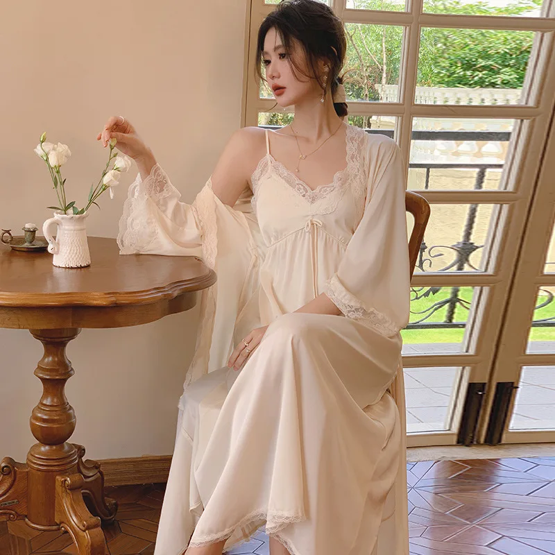 Women French Thin Style Sexy Two-Pieces Night Robe Lace V-Neck Spaghetti Strap Nightie Full Sleeves Loose Ice Silk Morning Robe