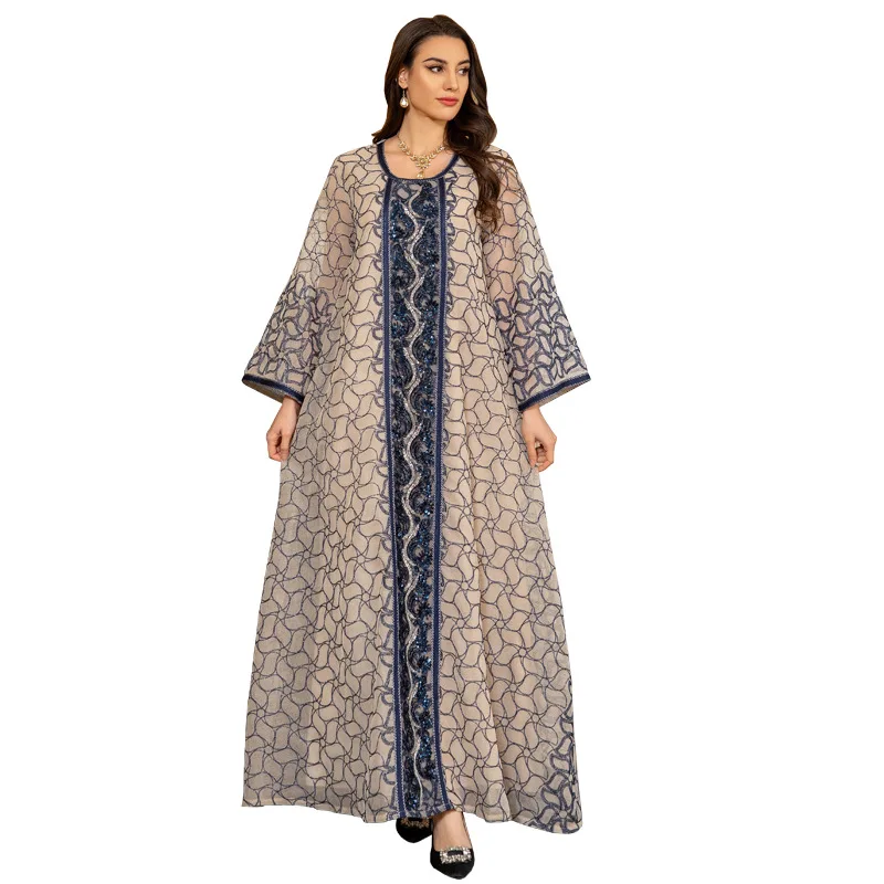 2024 Muslim Bead Embroidered Fashion Mesh Embroidered Dress Jalabiya Robe Dubai Robe