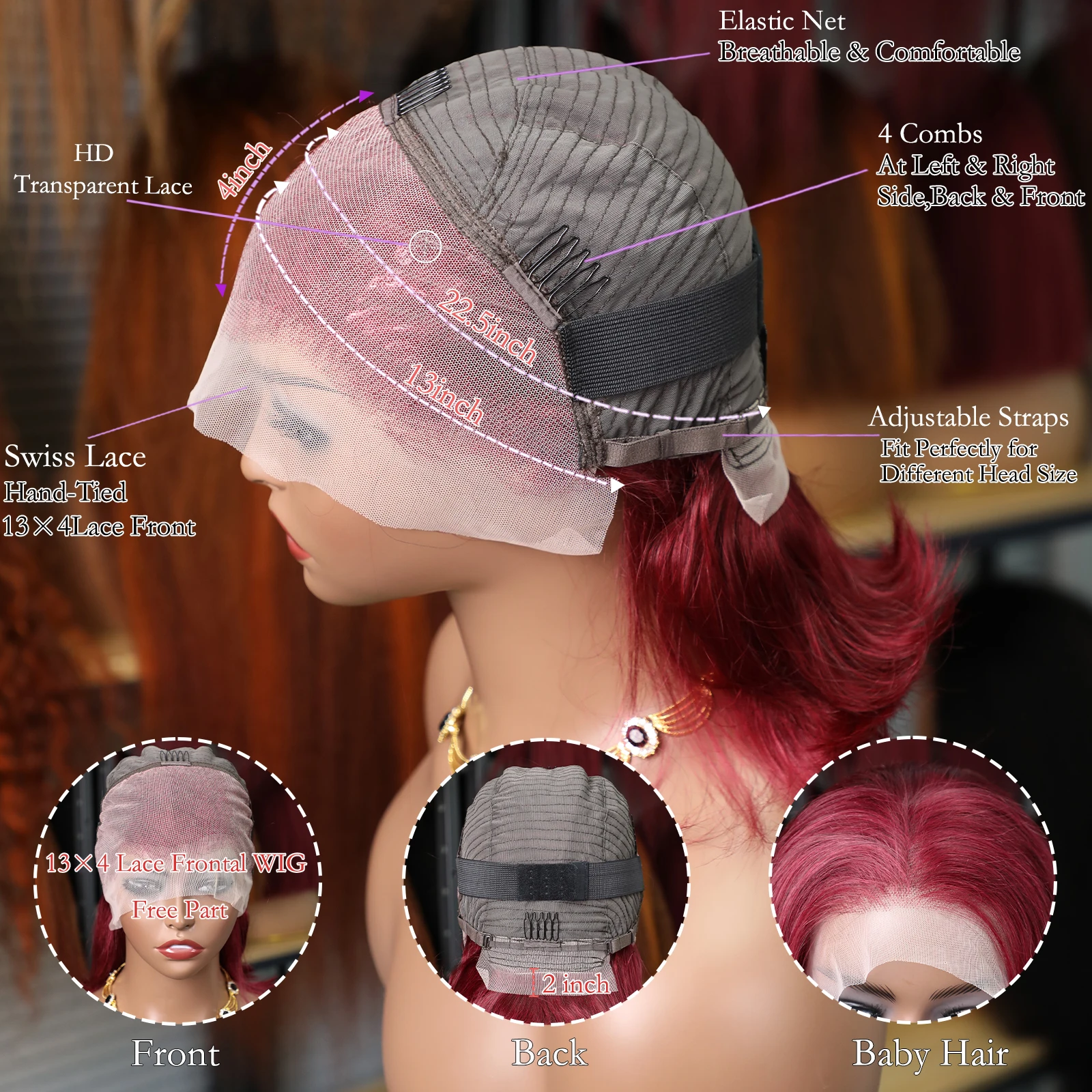 10-14inch Burgundy Transparent Short Bob Human Hair Wigs Peruvian 99J Red Straight 13x4 Lace Front Wig For Women Density200%