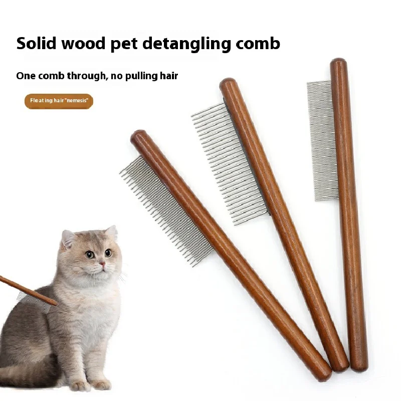 Peine para pulgas para mascotas de una sola fila con mango de madera maciza, eliminador de piojos para perros y gatos, peine de cuidado de dientes finos de pasador largo para el cuidado de mascotas