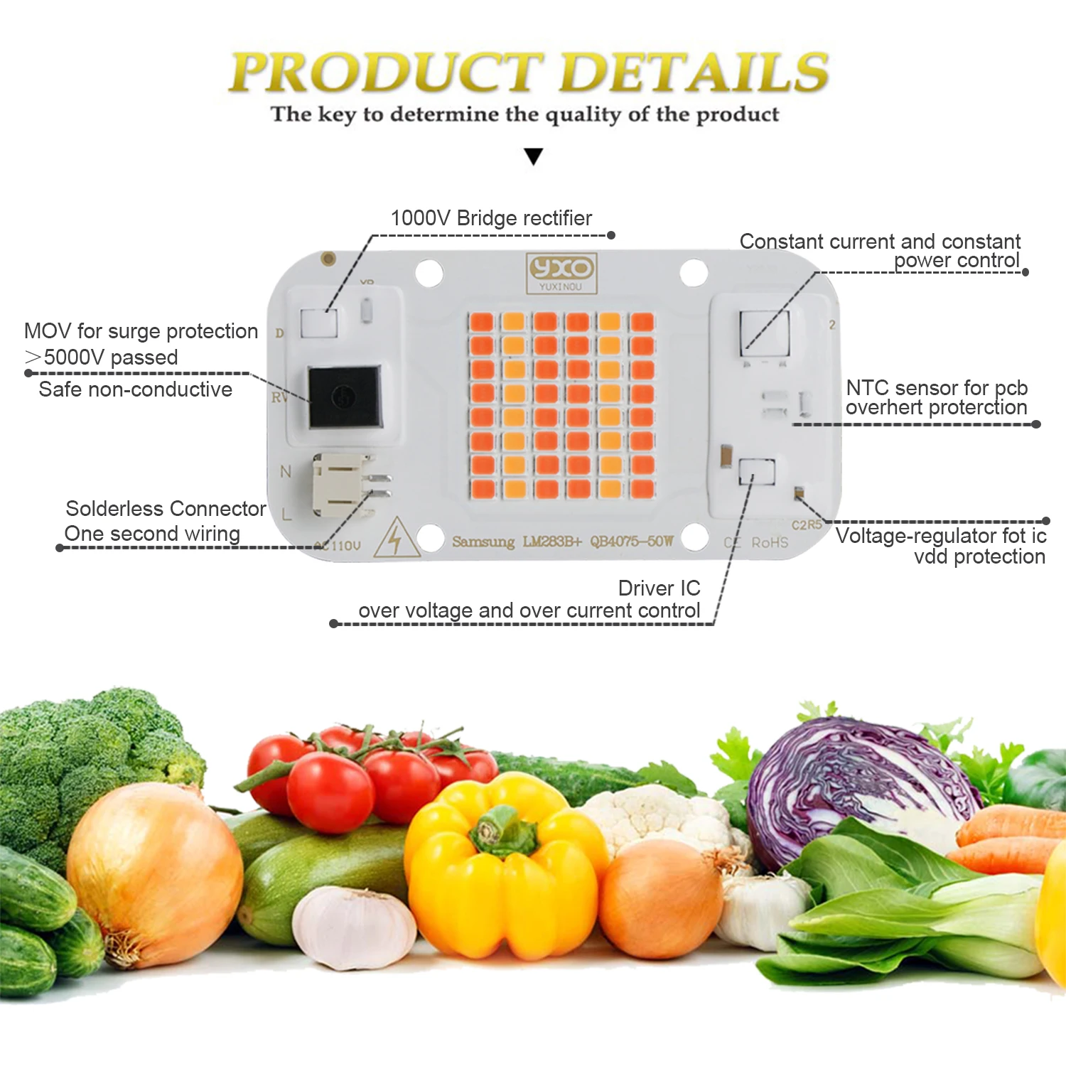 Hydroponice LED COB lamp Bead Driverless AC 220V 50W LED Grow DOB Chip For  DIY Plant Grow Light Seed Grow Flower LED Light Bulb