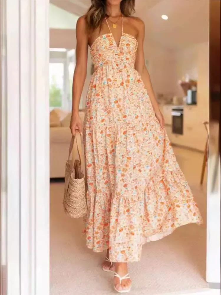 Abiti con scollo all'americana con stampa floreale Temperamento da donna Sexy con spalle scoperte Scollo a V Abito lungo senza schienale Abiti estivi da donna per le vacanze