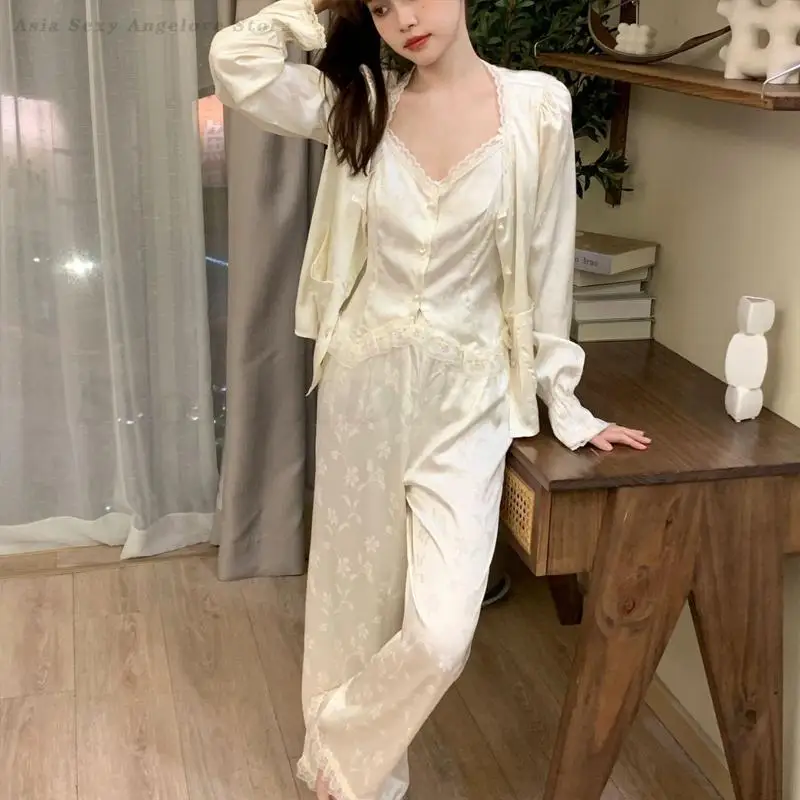 Spring Autumn Satin Pajamas Women\'s New Sleepwear 3PCS Sexy Lace Printed Home Clothes Suspender Sling Long Sleeved Pants Pijamas