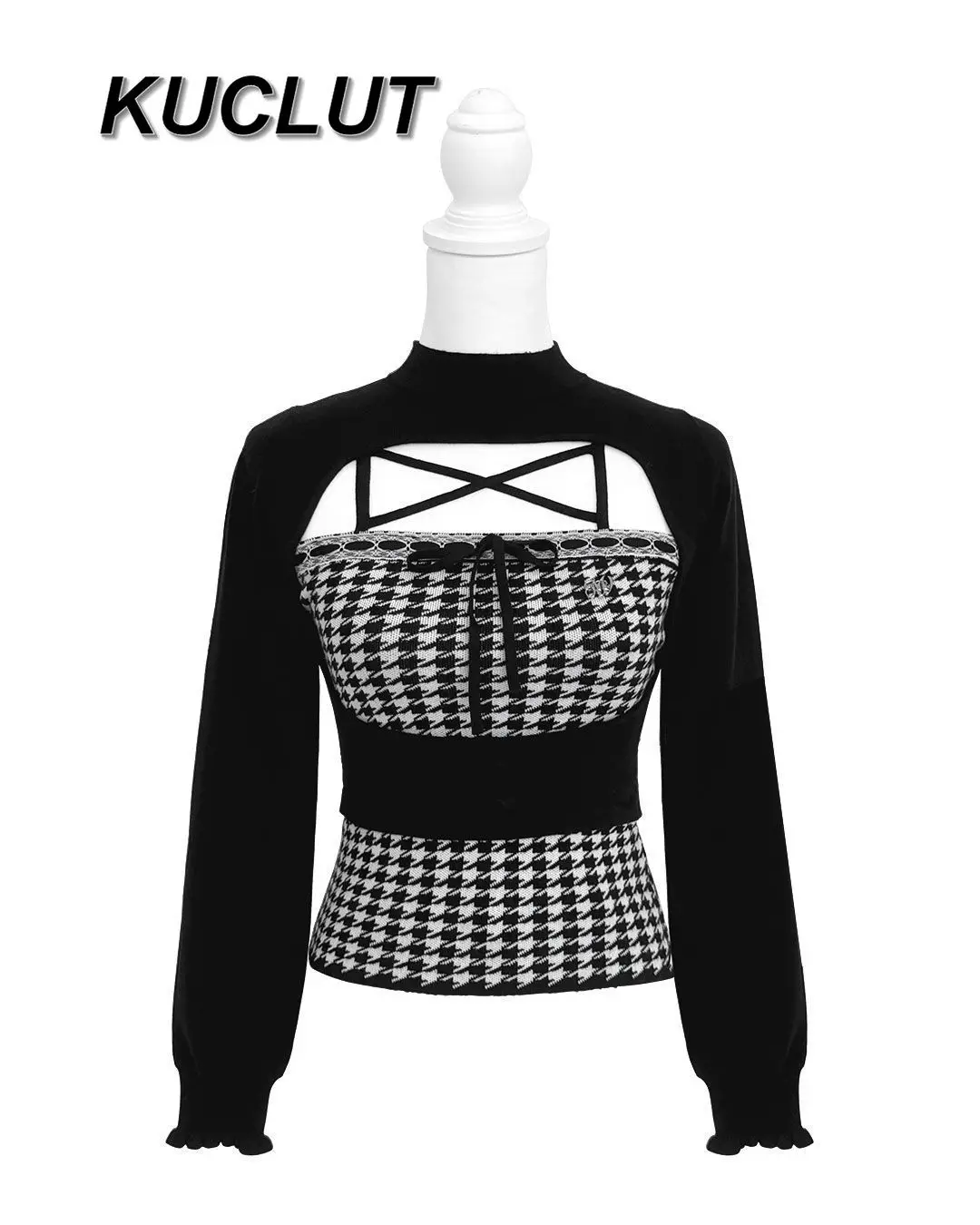 

Japanese Style Fashion Ladies Knit Shirt Autumn Winter New Houndstooth Hollow Out Sweet Lace-up Knitted Vest Set for Women