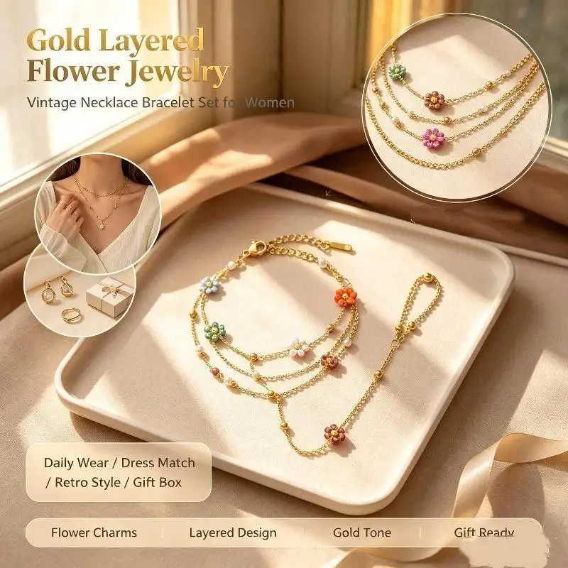 Sweet Floral Colorful Crystal Beaded Flower: Stainless Steel Gold Color Finger Wrist Integrated Chain