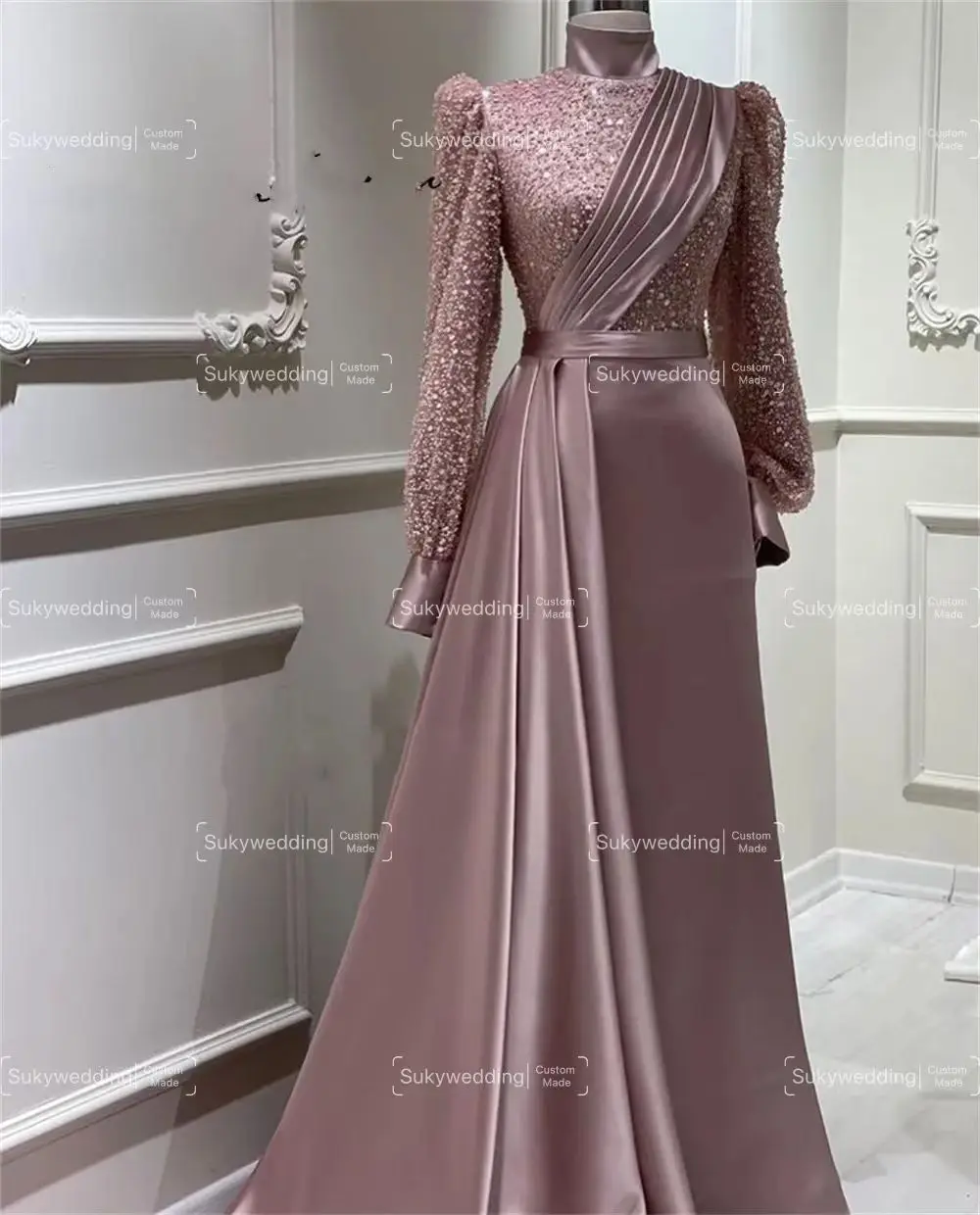 Muslim Evening Dresses Beaded Puffy Long Sleeves Turkey Dubai Dinner Gowns Arabic High Neck Prom Dress robe de soree Customized