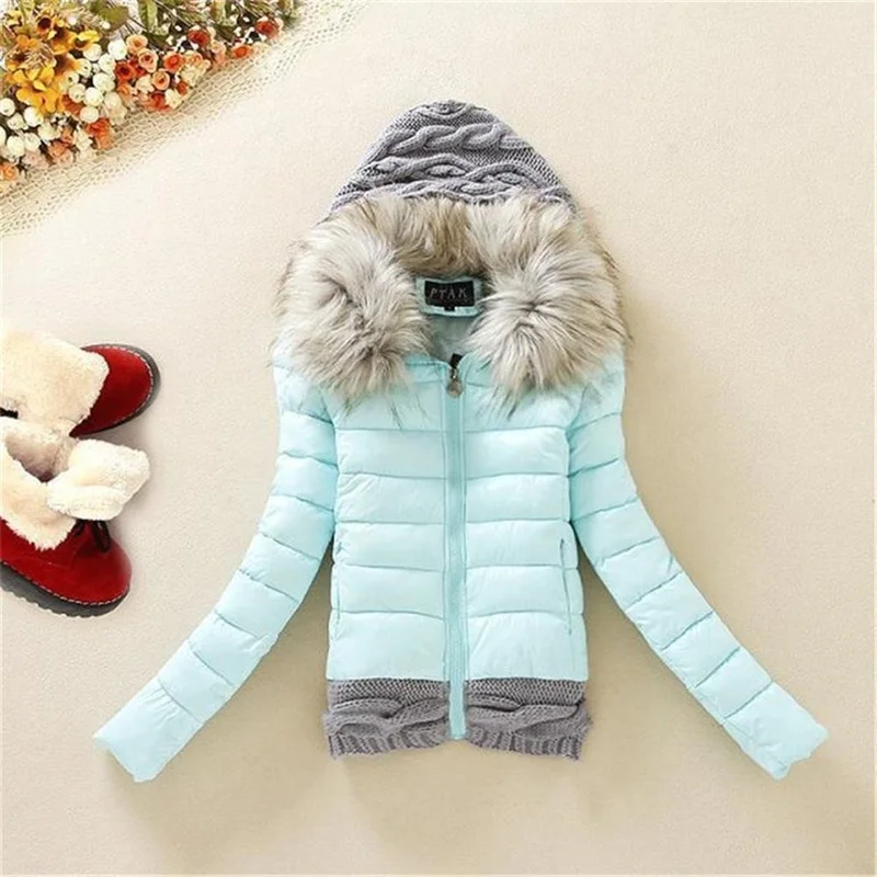 Frauen Winter gestrickt Patchwork Kapuze Langarm Mantel alternative Verdickung Daunen jacke mit Pelz kragen Qualität Jacken