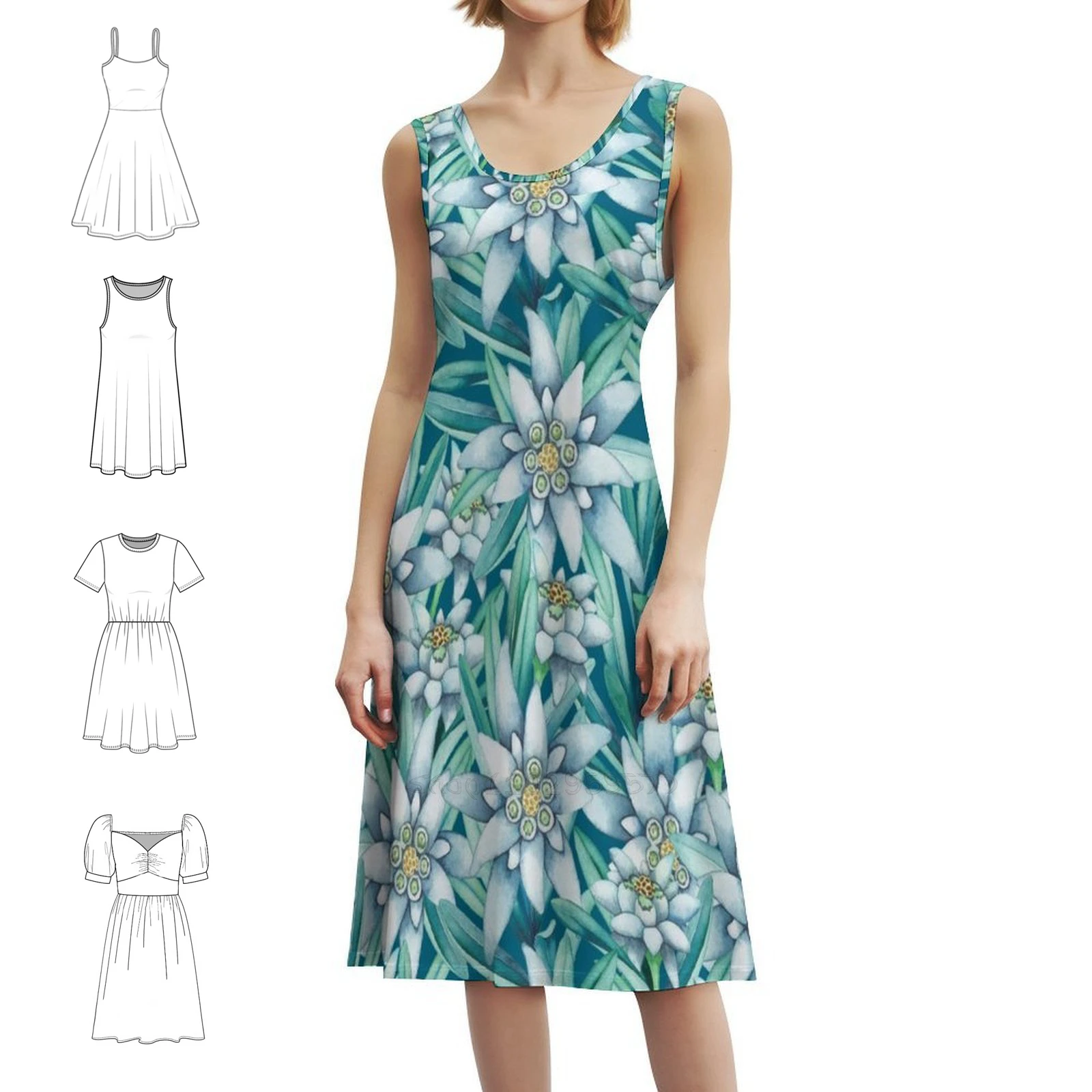 فستان إديلويس بألوان مائية على الطراز الكوري للنساء فستان كاجوال أنيق للحفلات أو الارتداء اليومي زهرة نبات إديلويس الزيتي