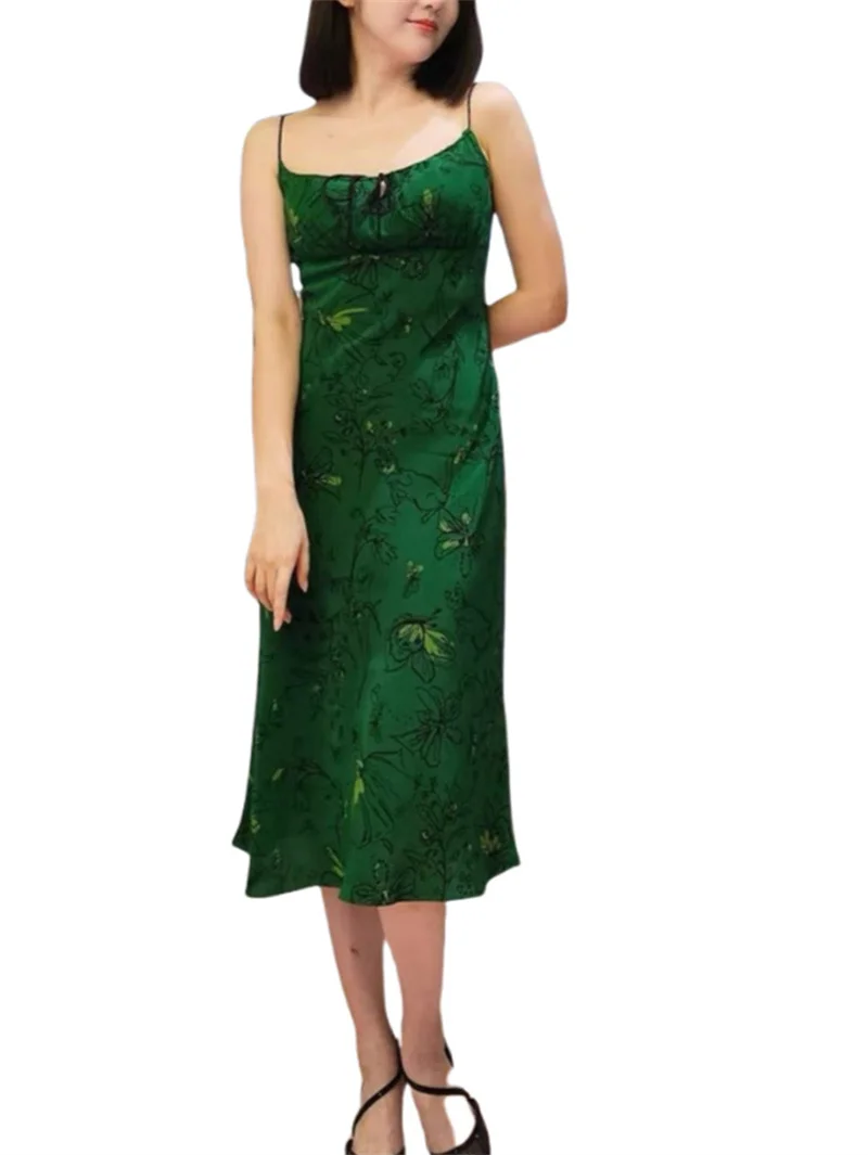 Women 100% Silk Printed Green Sling Dress Vintage 2024 Summer Ladies Drawstring Sleeveless Casual Midi Robe